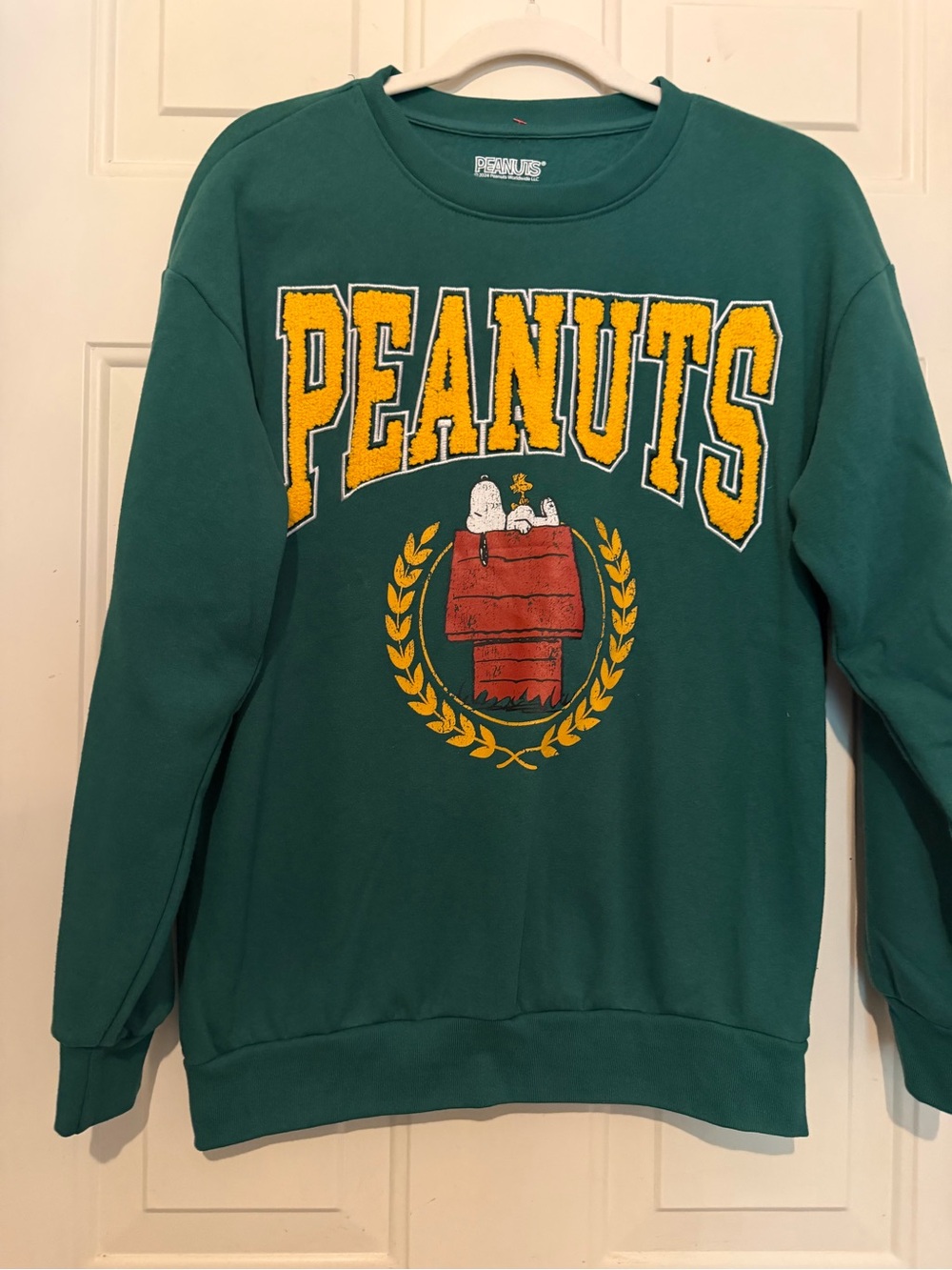 Peanuts Teal Green Crewneck Sweatshirt with Yellow Lettering and Snoopy Graphic